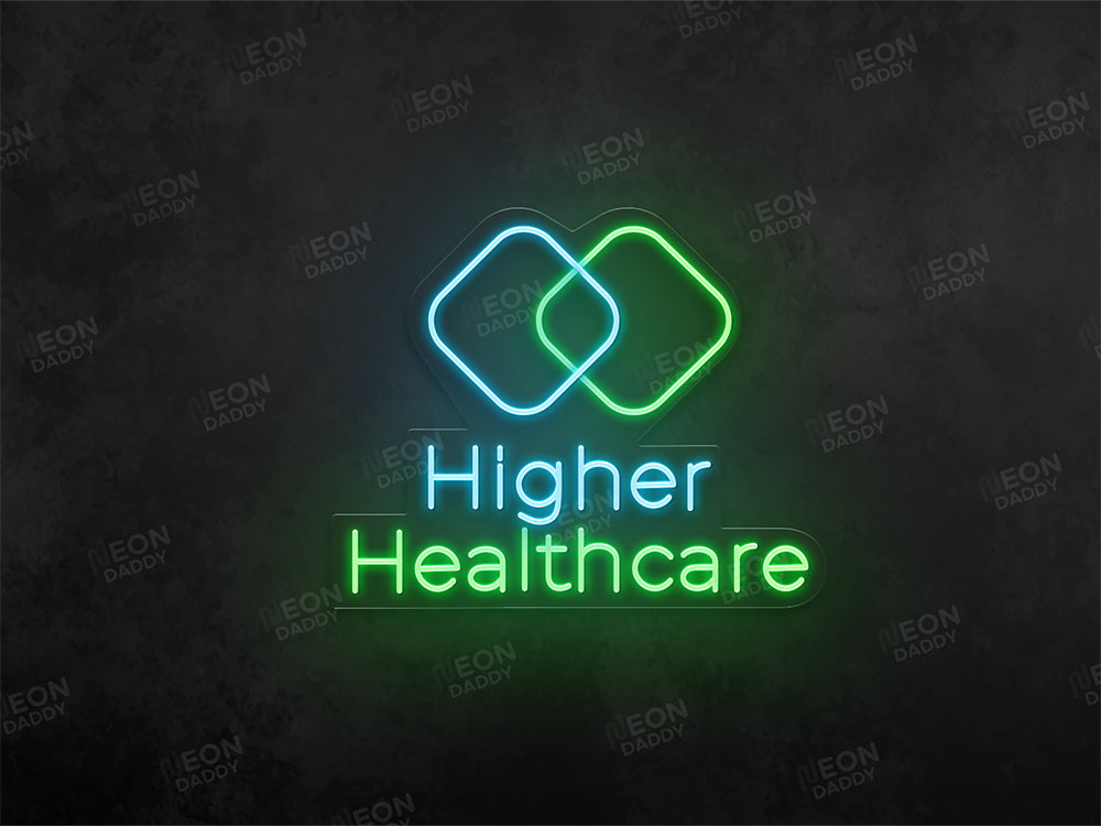 Custom LED neon sign - Higher Health - 70 x 57 cm - Ice Blue, Green - Cut to shape - Neon Daddy
