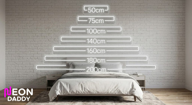 Neon daddy sign siie guide against a bed