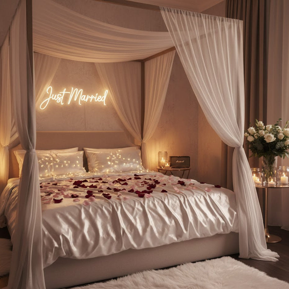 Just marrried LED neon sign in bedroom