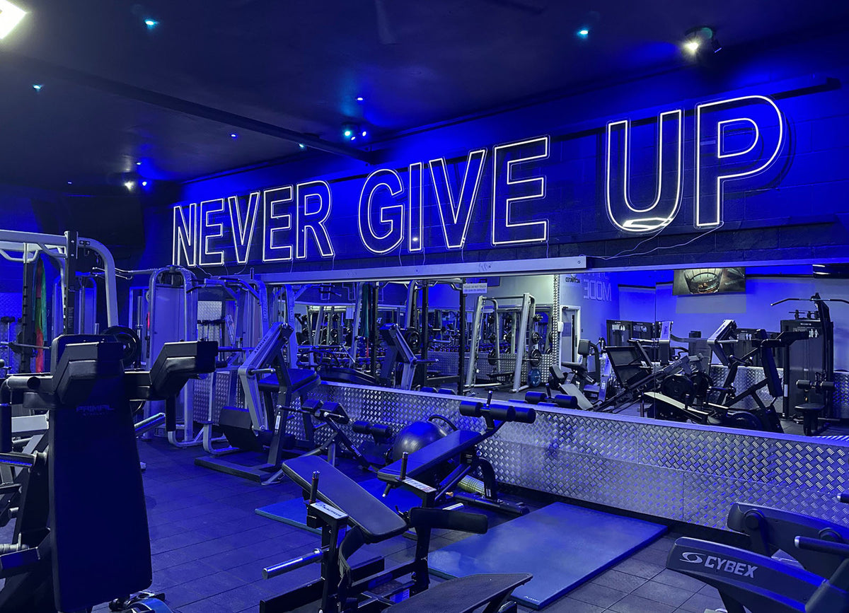 Never Give Up motivational gym neon sign