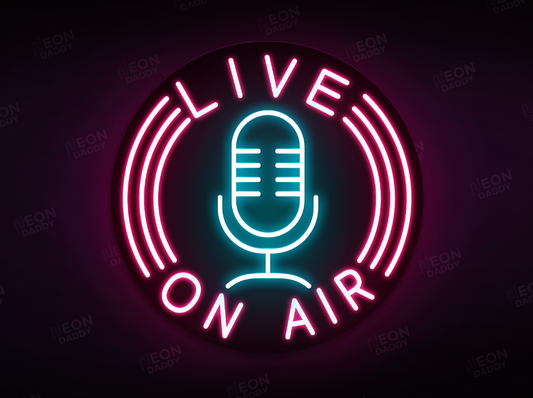 Custom LED Sign - Custom LED neon sign - 'Live on Air' - 55cmx55cm/Ice Blue/Rosie Pink/Black Backing & 'Live on Air' - 55cmx55cm/Ice Blue/Rosie Pink/Black Backing & 'Lightbulb' - 60cmx65cm/Ice Blue/Cool White