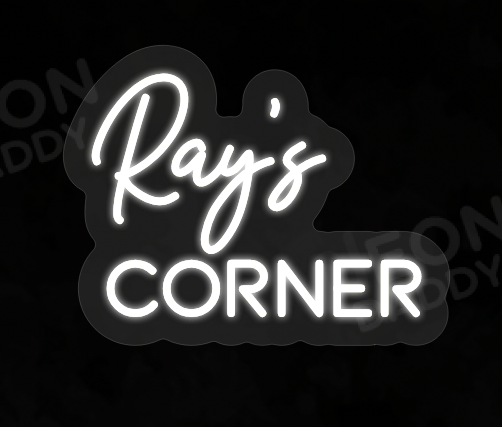 Custom LED Neon Sign - Ray's Corner - Cool White - 300mm x 233mm - Clear Backing