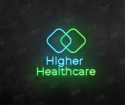 Custom LED neon sign - Higher Health - 70 x 57 cm - Ice Blue, Green - Cut to shape - Neon Daddy