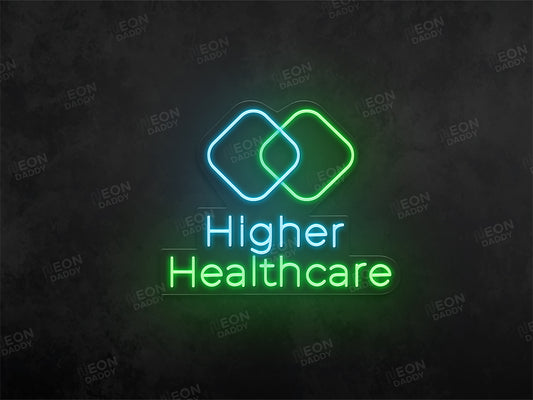 Custom LED neon sign - Higher Health - 70 x 57 cm - Ice Blue, Green - Cut to shape - Neon Daddy