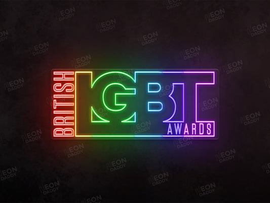 custom LED neon sign - British LGBT awards - Red, Orange, yellow, green, ice blue, blue, purple - 120 x 50cm - cut to square - Neon Daddy