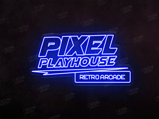 Custom LED neon Sign - Pixel Playhouse - 835 x 431 mm - Deep blue -  cut to shape - Neon Daddy