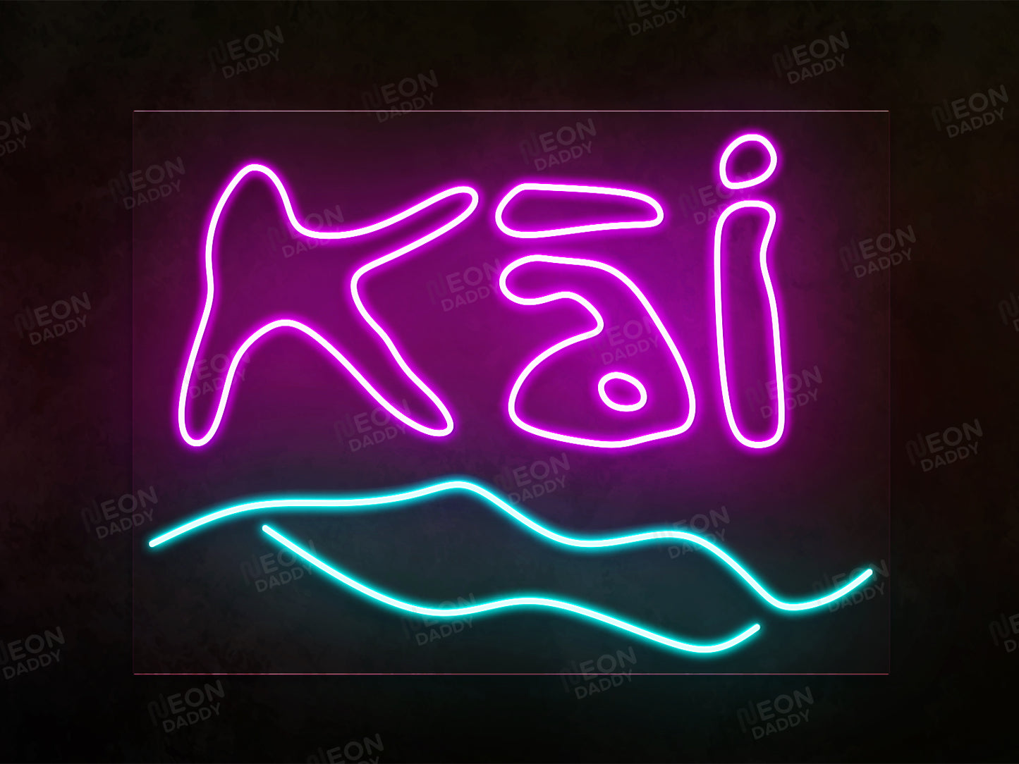 Custom LED neon sign - KAI - Hot pink, Ice Blue - 100 x 75cm - Cut to square - Neon Daddy