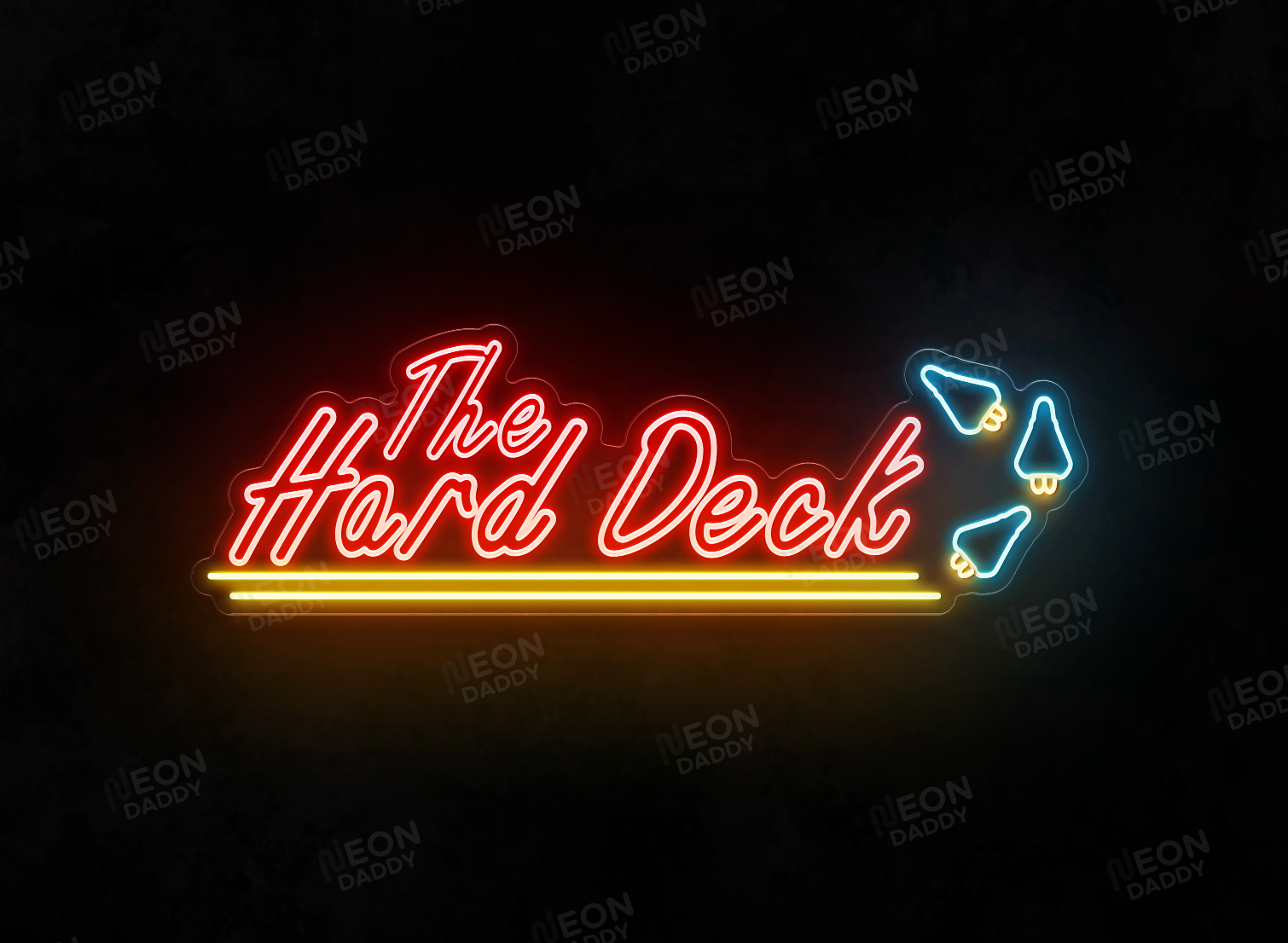 Custom LED neon sign - Hard Deck - 230 x 72cm - red, sunshine yellow, ice blue  - cut to shape - Neon Daddy