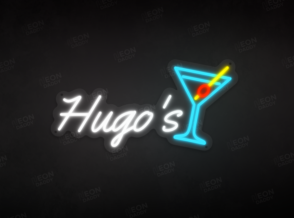 Custom LED Neon Sign - ’Hugo's Bar' - 60cm(W) x 30cm(H) - Cool white, ice blue, red and yello